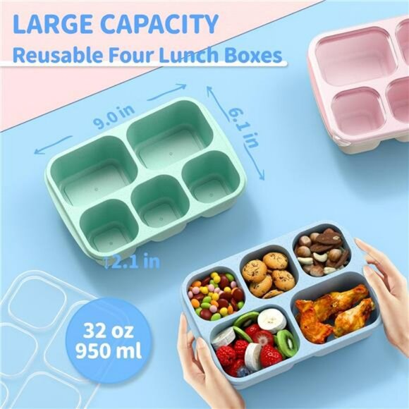 Bento lunch box set 5 compartment reusable meal prep food storage containers - Picture 3 of 7